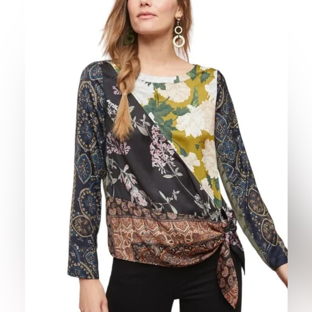 Anthropologie Tiny Patchwork Blooms Tie Waist Blo… - image 1